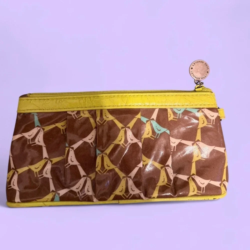 Vera‎ Bradley Cosmetic Pouch Brown Yellow Small Bird Print Boho Travel Bag
